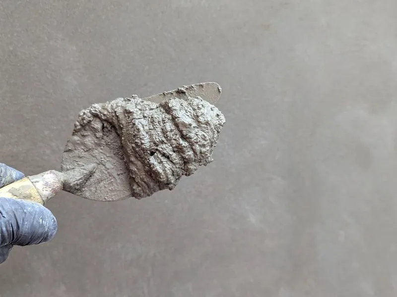 Gloved hand applying patching plaster with a trowel during pool surface crack repair